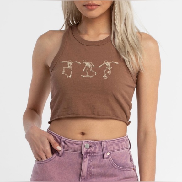 Full Tilt Skeleton Women’s Crop Tank Top Brown Sz Large - Picture 1 of 7